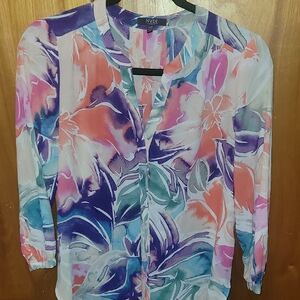 NYDJ Pink and Blue Graphic Blouse with 3/4 Sleeves